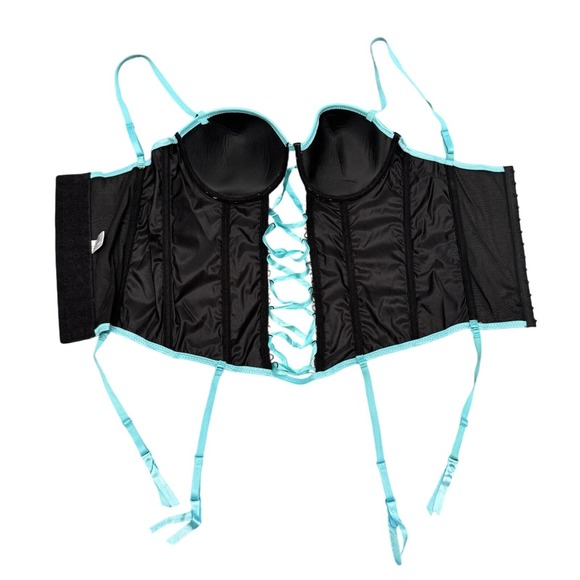 Y2K Corset Lingerie 36C/L Black Teal Ribbon Garter Punk Whimsigoth Dark Romantic - Picture 4 of 10
